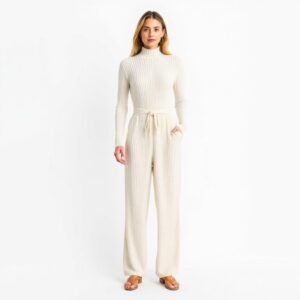 Cream Ribbed Knit Jumpsuit